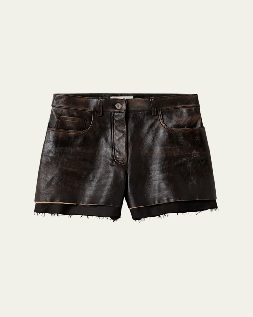 Layered Raw-Hem Leather Shorts